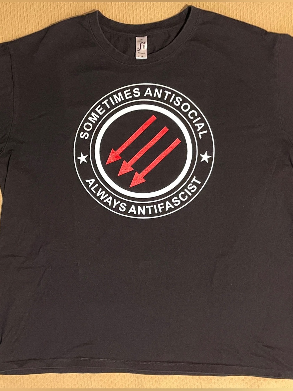 SOMETIMES ANTISOCIAL - ALWAYS ANTIFASCIST Black T-Shirt 100% Cotton Size 2XL